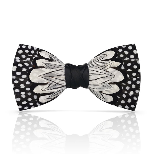 Lanzonia Men's Feather Bow Tie Handmade White and Black Polka Dot Bowtie for Wedding Holiday - Lanzonia