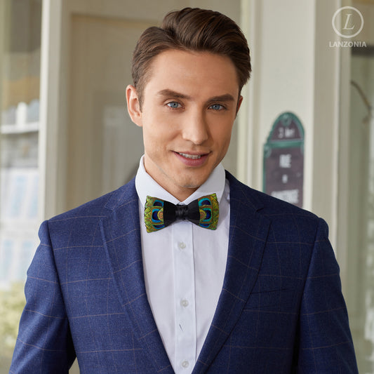 Lanzonia Mens Feather Bow Tie Handmade Peacock Bowtie for Wedding Holiday Party - Lanzonia