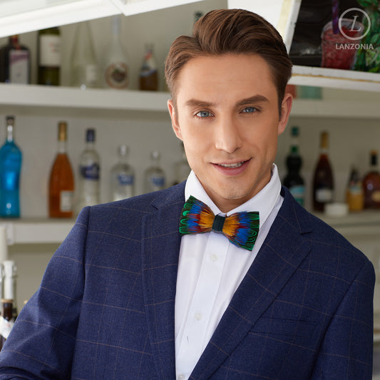 Lanzonia Feather Men's Bowtie Handmade Bow Tie for Party Holiday Ball Wedding - Lanzonia