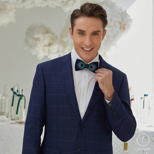Lanzonia Men's Feather Bow Tie Handmade Peacock Bowtie for Wedding Holiday Party - Lanzonia