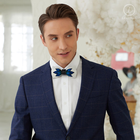 Lanzonia Men's Feather Bow Tie Handmade Bowtie for Wedding Holiday Party - Lanzonia