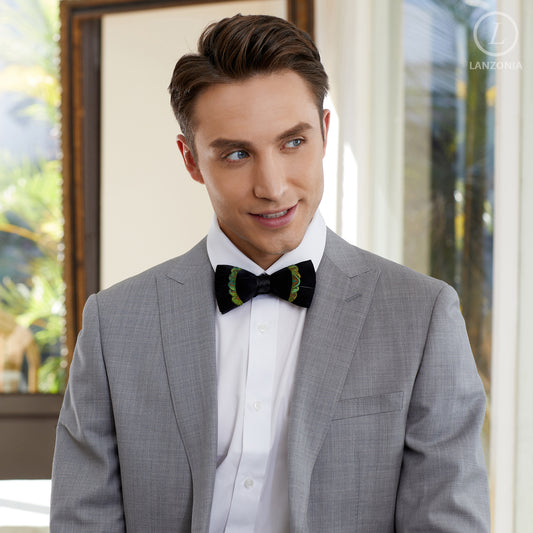Lanzonia Men's Feather Bow Tie Handmade Black Peacock Bowtie for Wedding Holiday - Lanzonia
