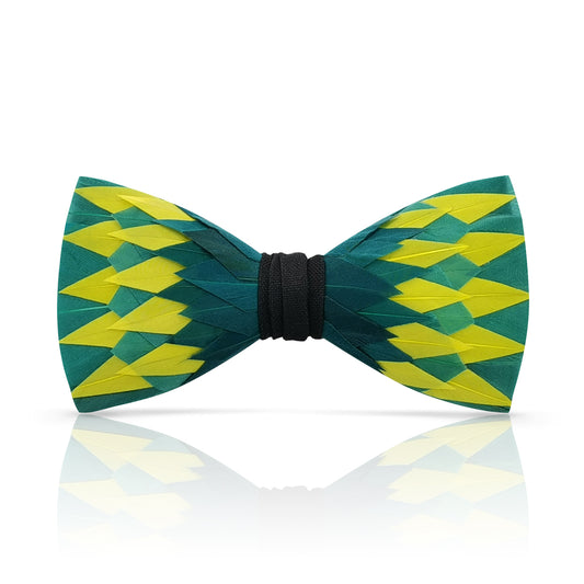 Lanzonia Feather Men's Bowtie Handmade Green and Yellow Bow Tie for Party Holiday Ball Wedding - Lanzonia