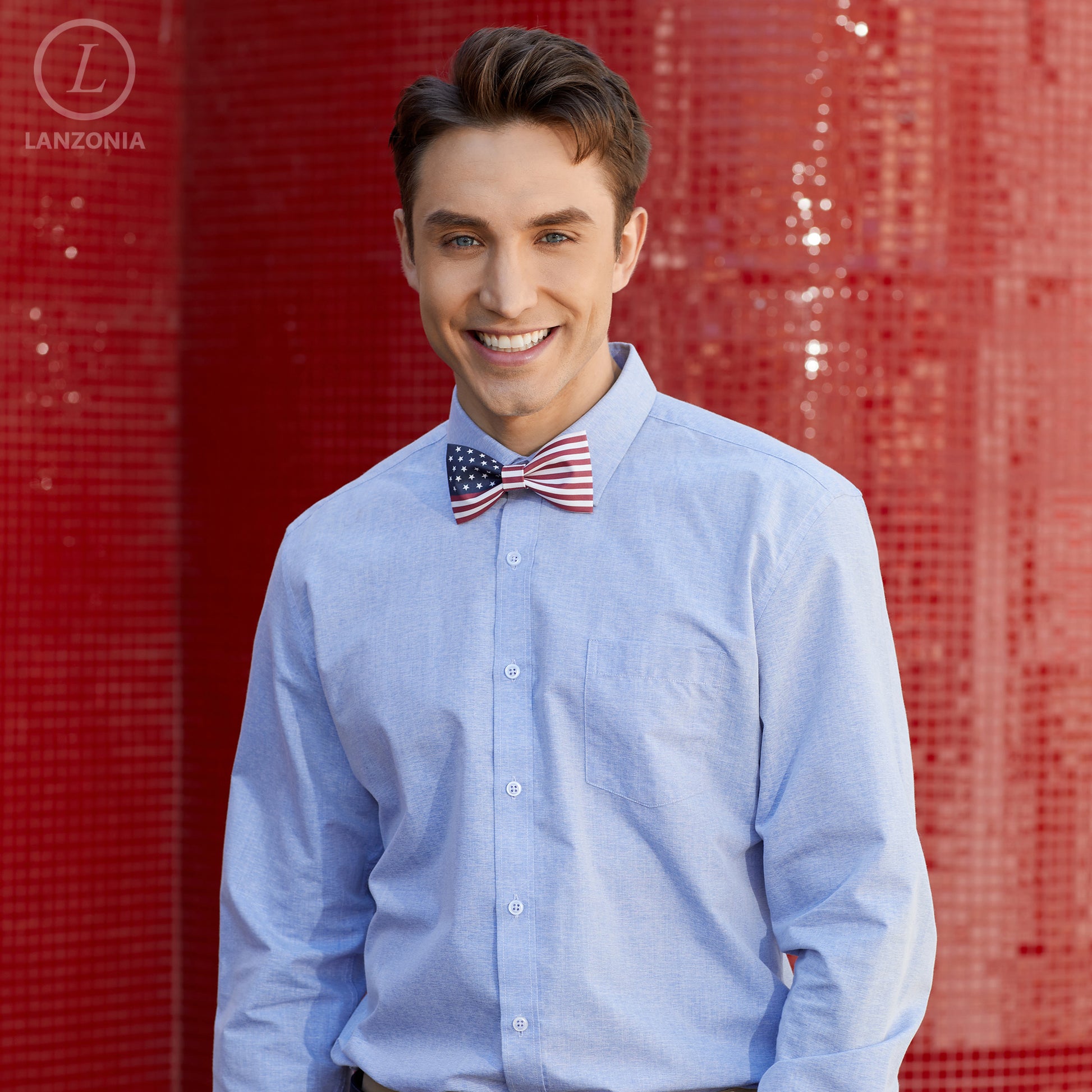 Lanzonia Mens Fashion Bowtie U.S. American Flag USA. Patterned Bow Tie for Holiday New Years Eve - Lanzonia