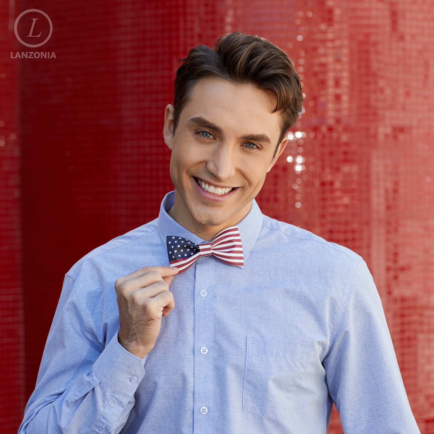 Lanzonia Mens Fashion Bowtie U.S. American Flag USA. Patterned Bow Tie for Holiday New Years Eve - Lanzonia
