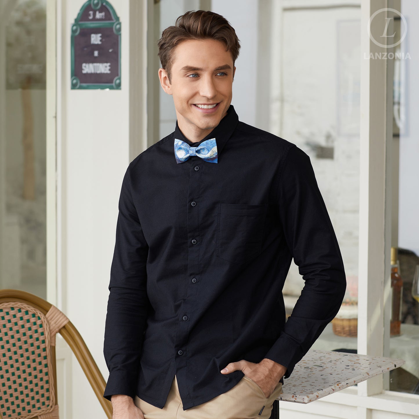 Lanzonia Men's Designer Bowtie Blue Oil Painting Bow Tie for Holiday New Party Birthday - Lanzonia