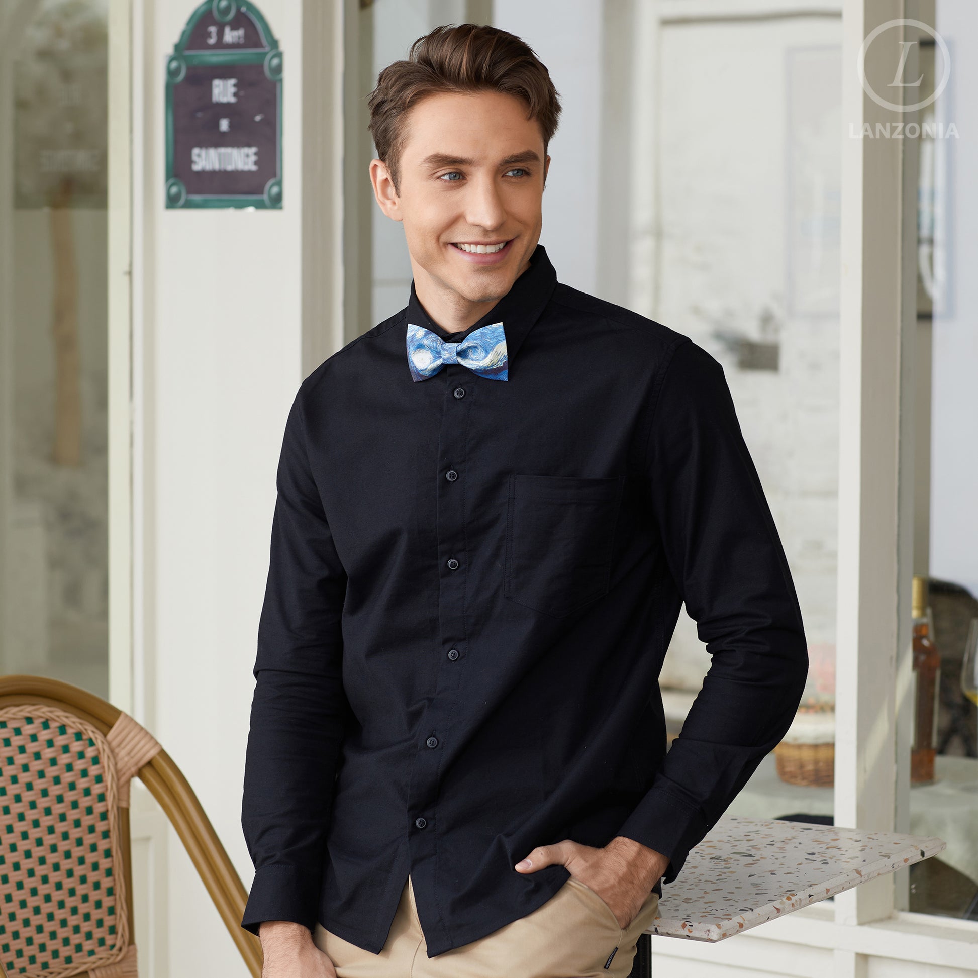 Lanzonia Men's Designer Bowtie Blue Oil Painting Bow Tie for Holiday New Party Birthday - Lanzonia