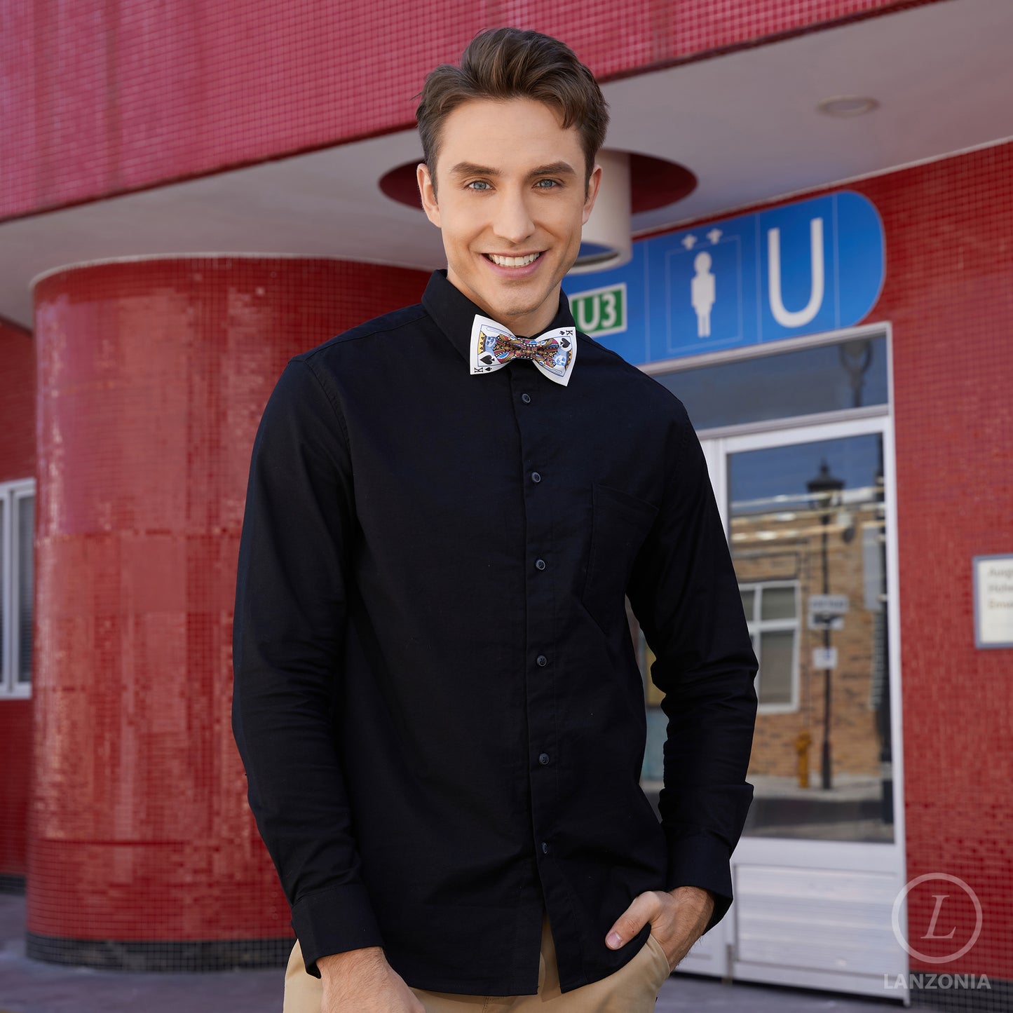 Lanzonia Mens White Funny Poker Bowtie Different Types of Bow Tie for Holiday New Years Eve - Lanzonia