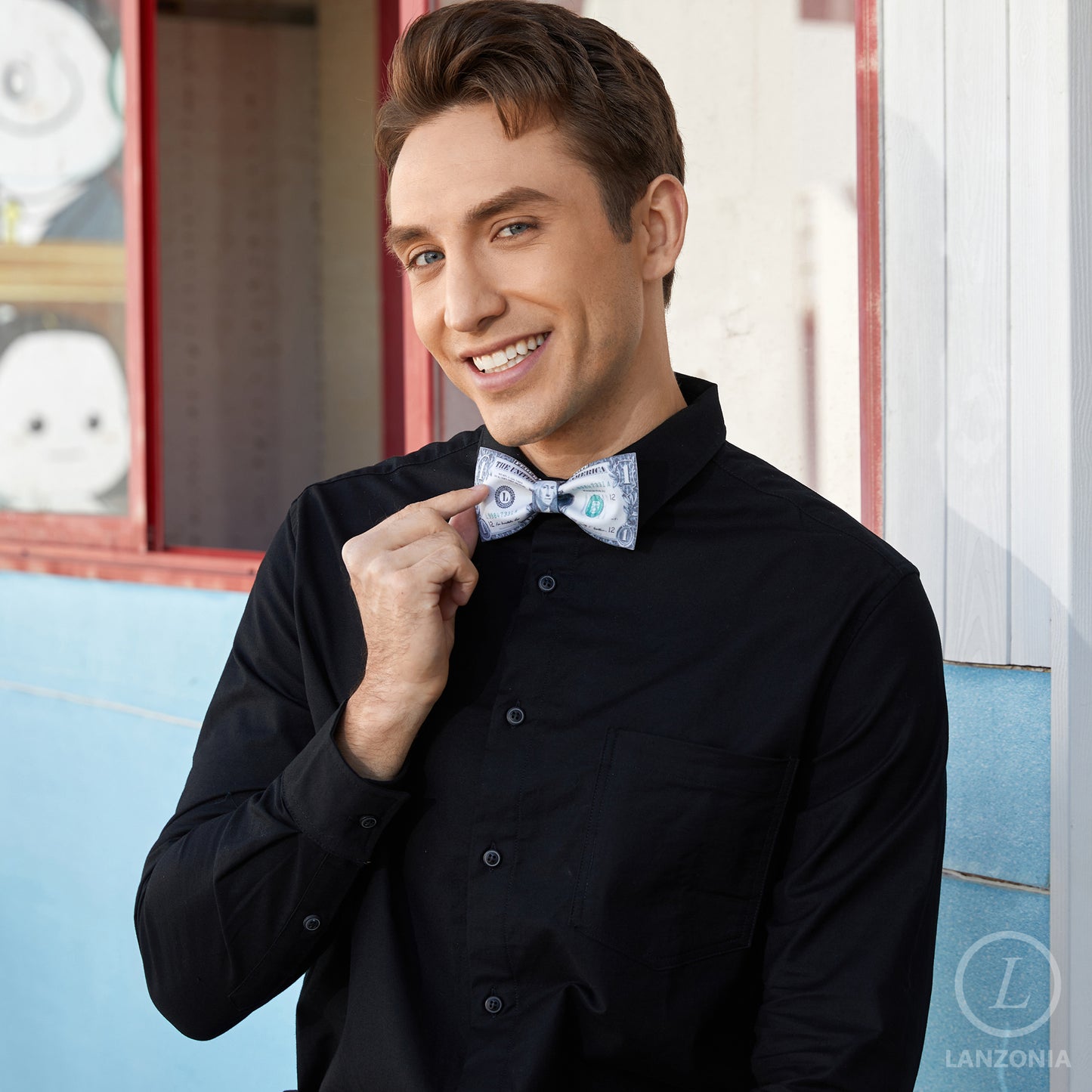 Lanzonia Mens Novelty Funny Bowtie Money Patterned Bow Tie for Holiday New Years Eve - Lanzonia
