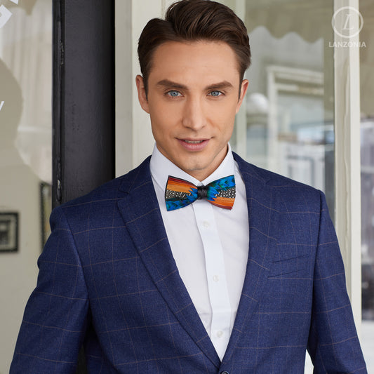 Lanzonia Men's Feather Bowtie Handmade Bow Tie for Wedding Holiday Party - Lanzonia