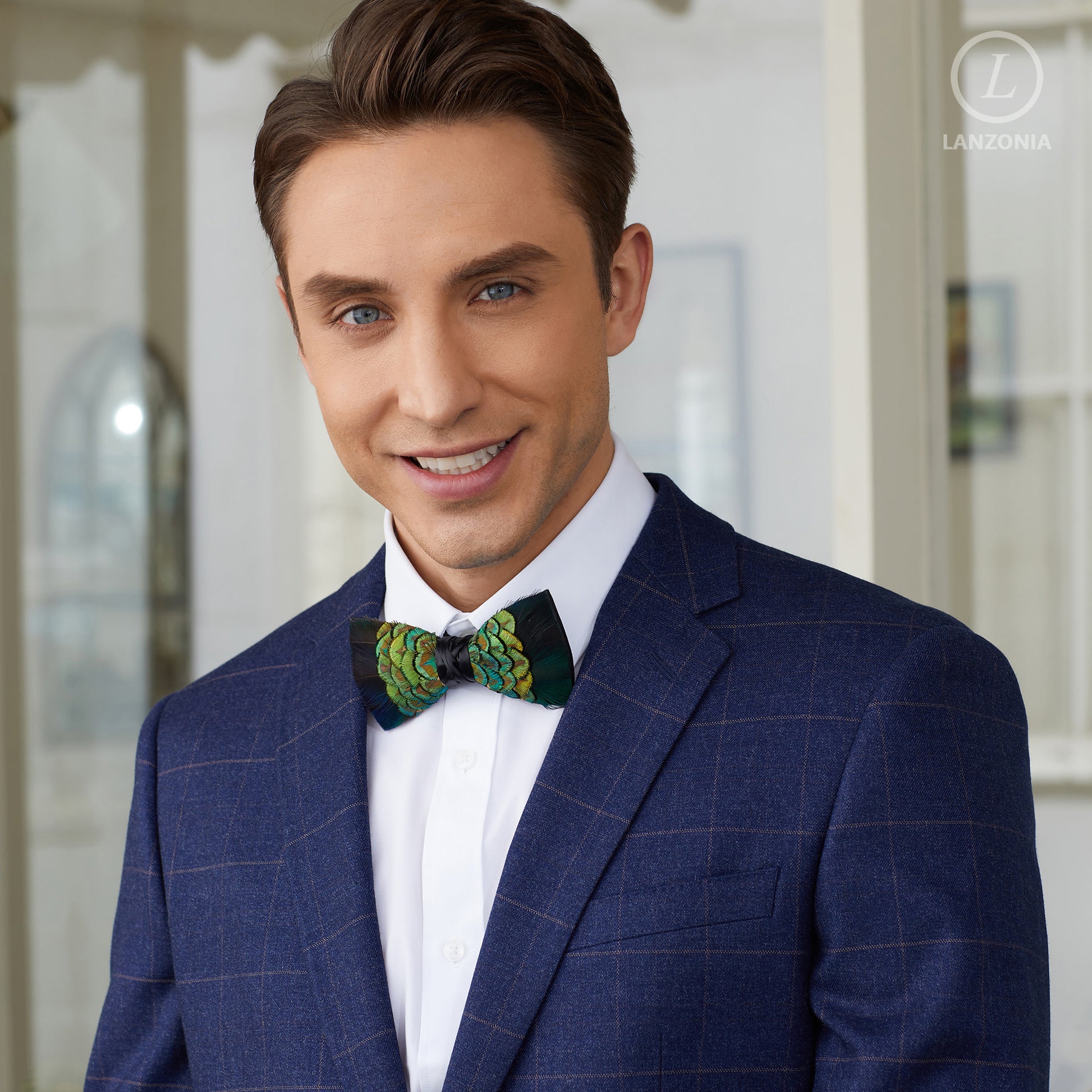 Lanzonia Men's Feather Bow Tie Dark Green Handmade Peacock Bowtie for Wedding Holiday Party - Lanzonia