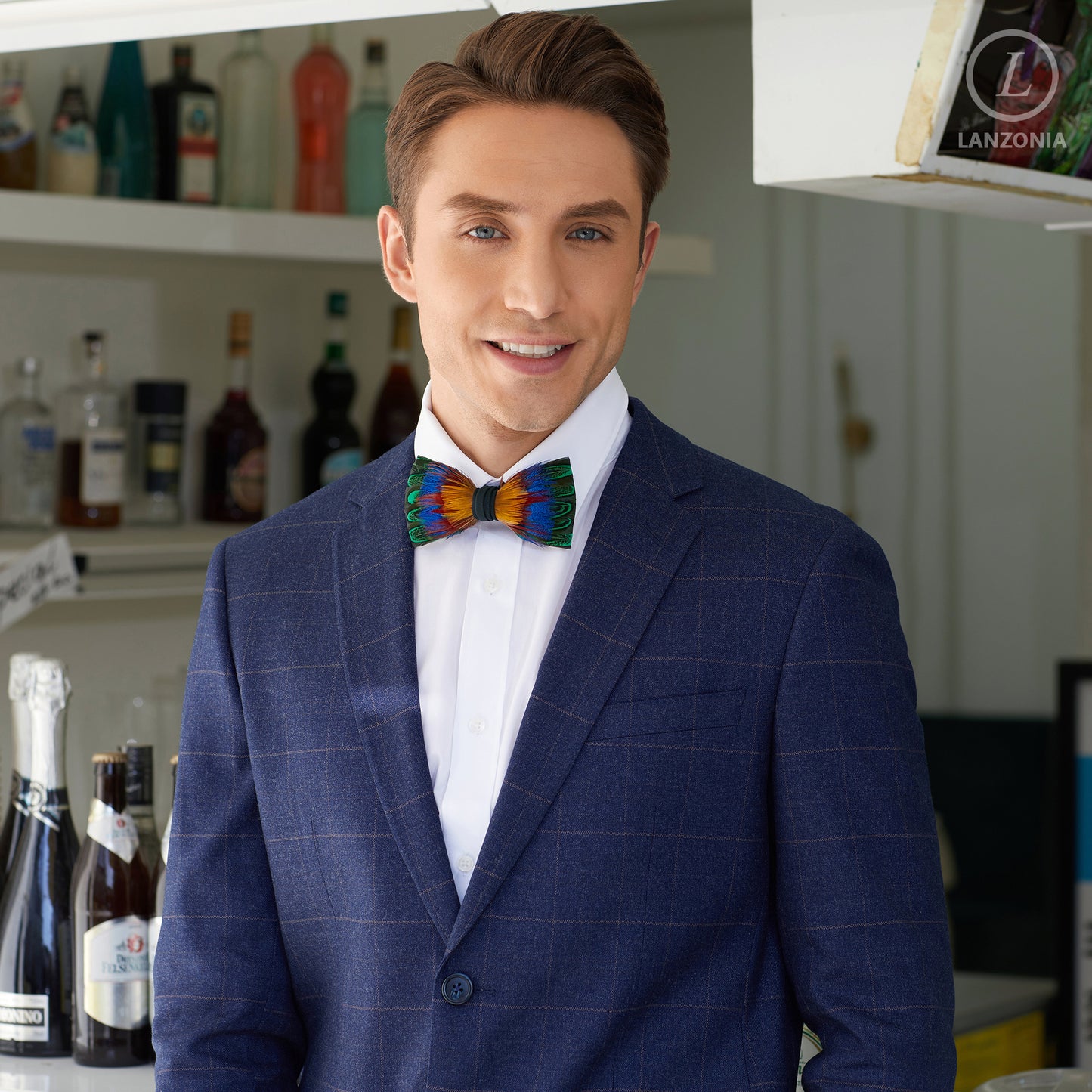 Lanzonia Feather Men's Bowtie Handmade Bow Tie for Party Holiday Ball Wedding - Lanzonia