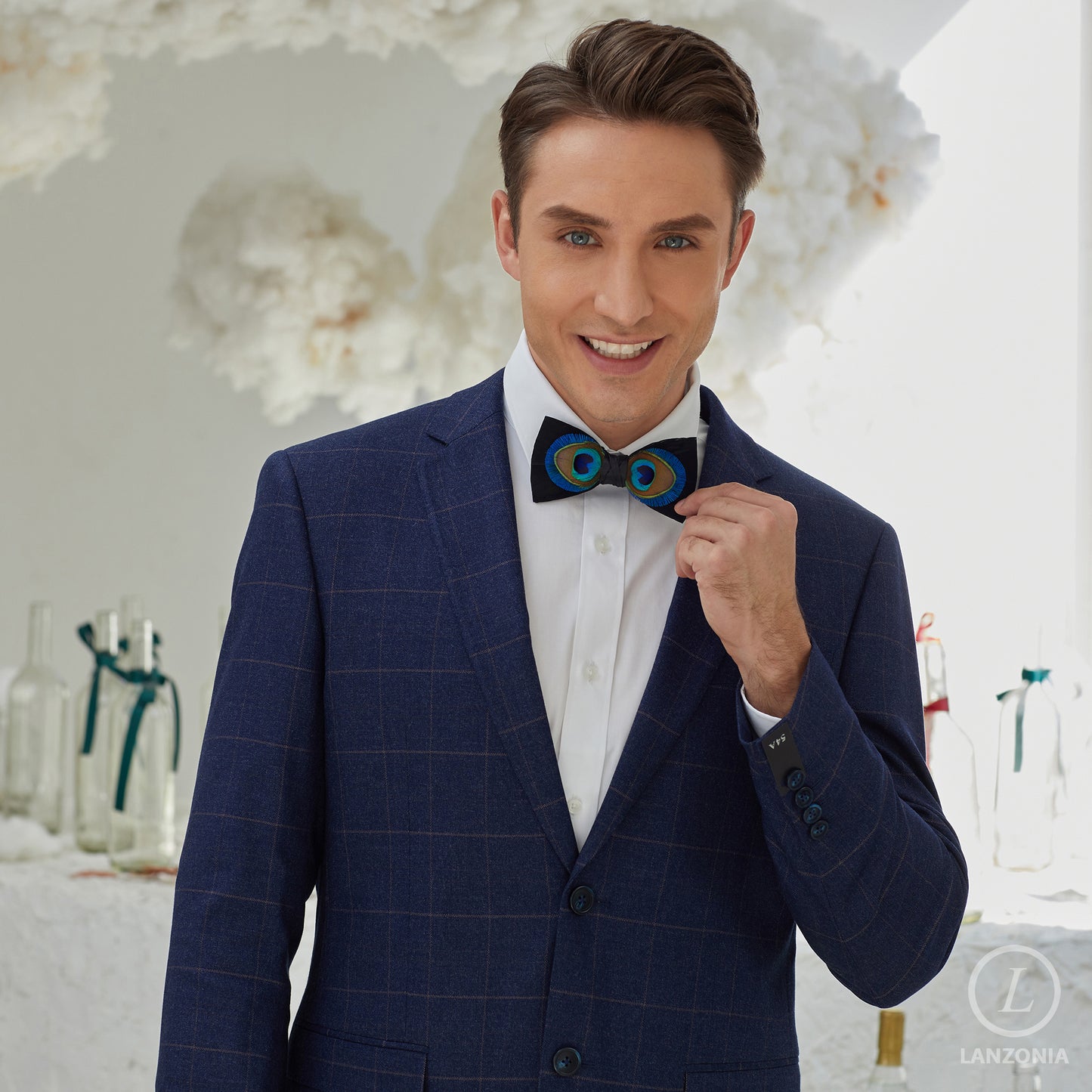 Lanzonia Men's Feather Bow Tie Handmade Peacock Bowtie for Wedding Holiday Party - Lanzonia