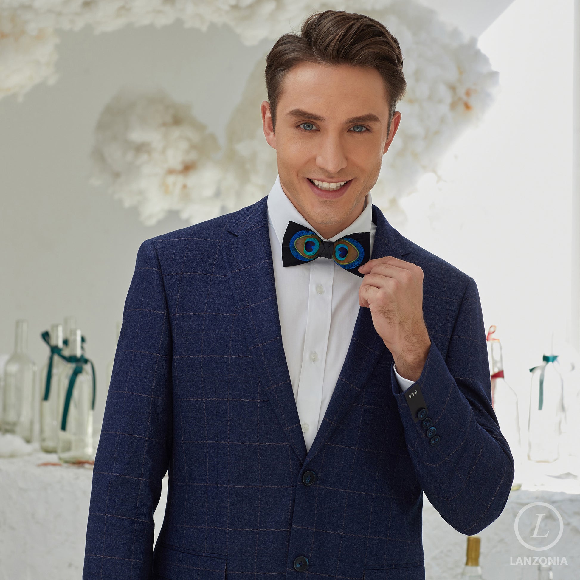 Lanzonia Men's Feather Bow Tie Handmade Peacock Bowtie for Wedding Holiday Party - Lanzonia