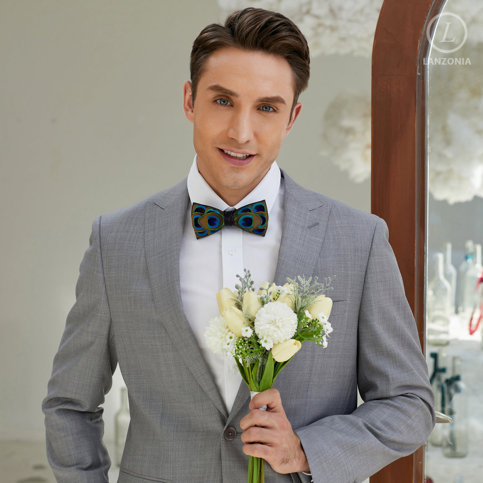 Lanzonia Men's Feather Bow Tie Handmade Peacock Bowtie for Wedding Holiday Party - Lanzonia