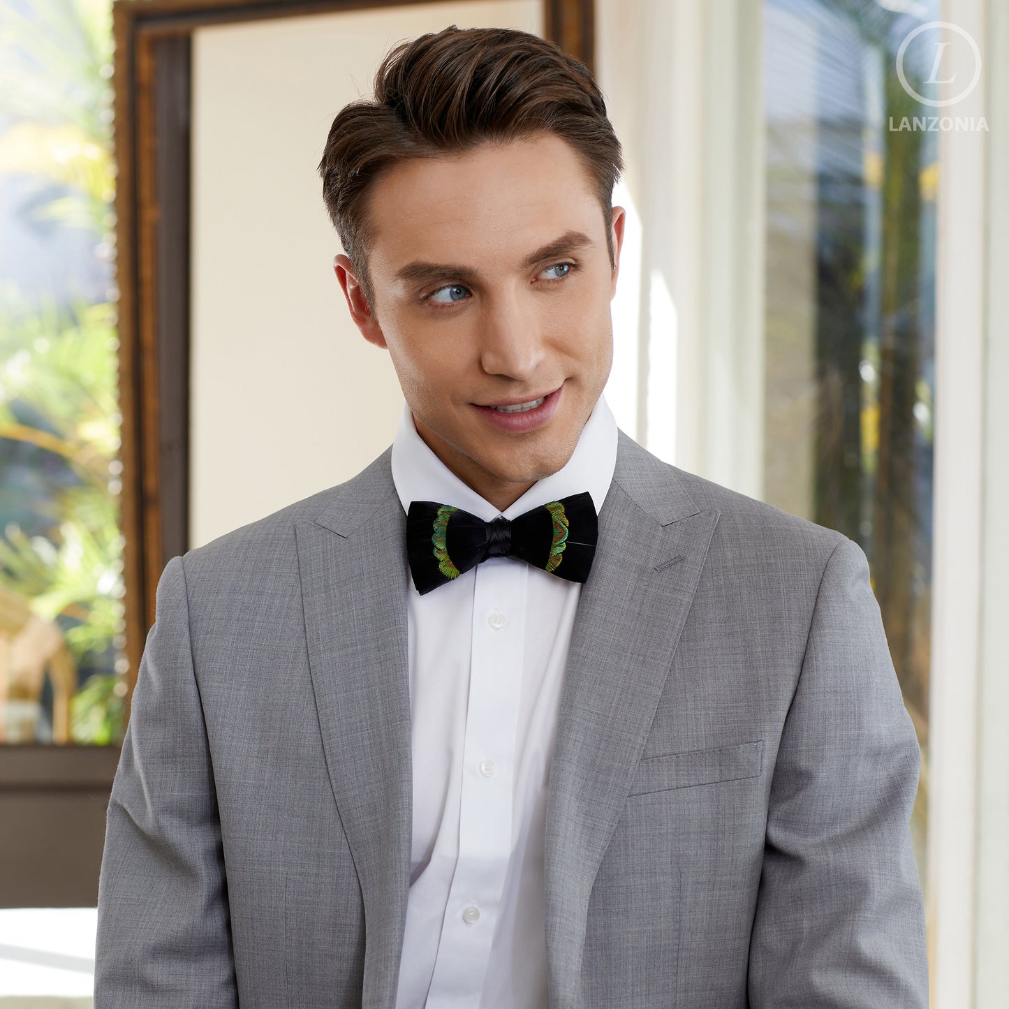 Lanzonia Men's Feather Bow Tie Handmade Black  Peacock Bowtie for Wedding Holiday - Lanzonia
