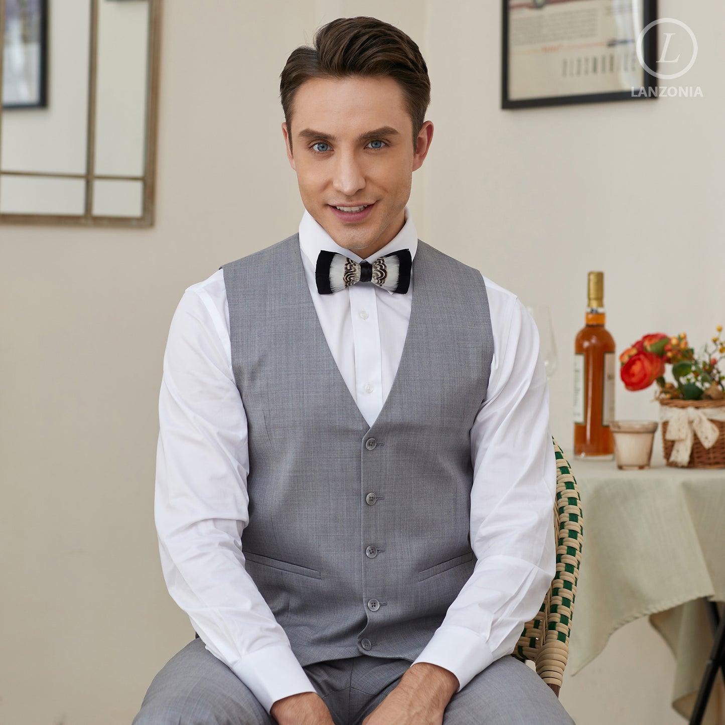 Lanzonia Men's Feather Bow Tie Handmade Black and White Bowtie for Wedding Holiday - Lanzonia