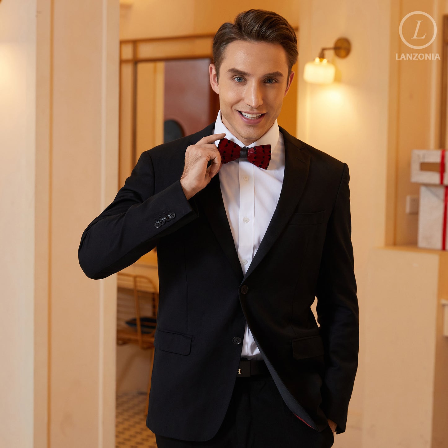 Lanzonia Mens Wedding Wine Red Bowtie Feather Hnadmade Bow Tie - Lanzonia