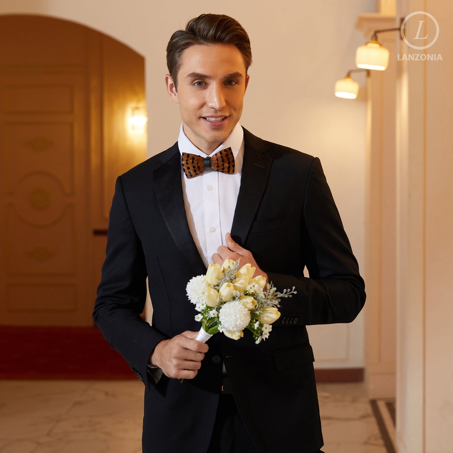 Lanzonia Feather Bowtie Handmade Wedding Brown Mens Bow Tie for Wedding - Lanzonia