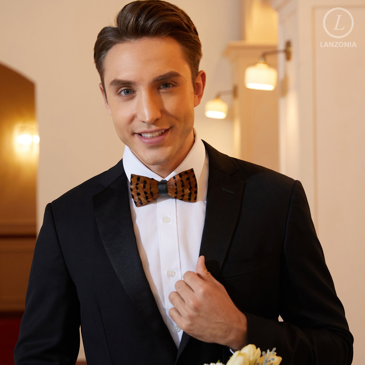 Lanzonia Feather Bowtie Handmade Wedding Brown Mens Bow Tie for Wedding - Lanzonia