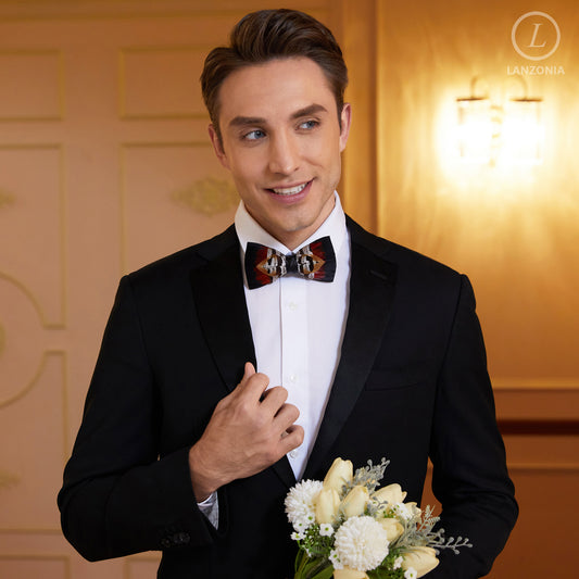 Lanzonia Men Feather Bow Tie Handmade Bowtie for Wedding Holiday Party - Lanzonia