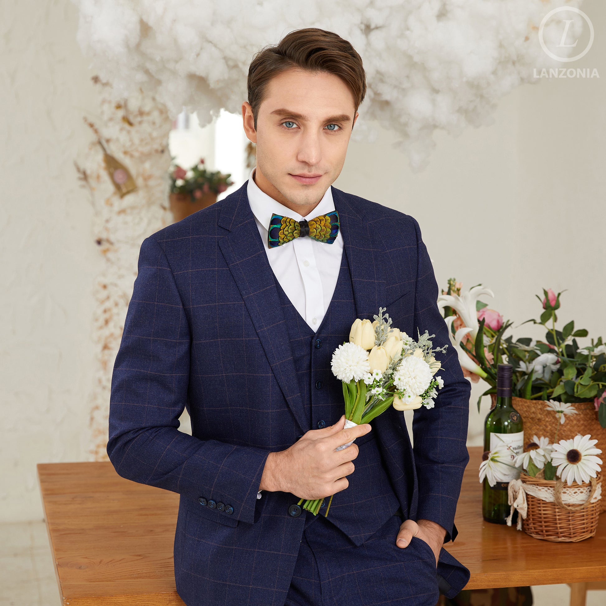 Lanzonia Men's Feather Bow Tie Handmade Peacock Bowtie for Wedding - Lanzonia