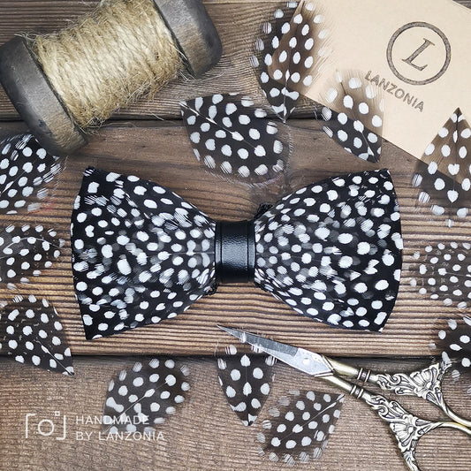 Lanzonia Wedding Feather Bowtie Handmade Polk Dot Black Bow Tie for Mens - Lanzonia