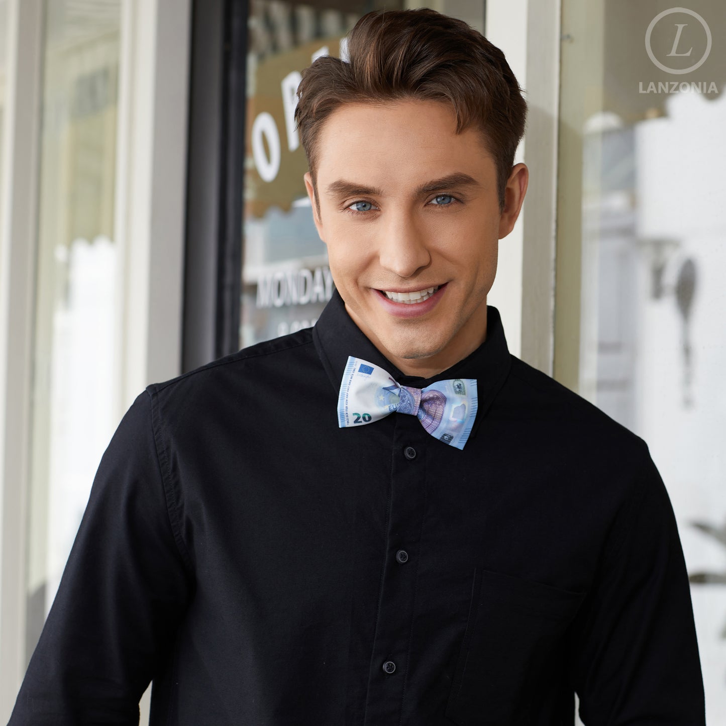 Lanzonia Men's Novelty Money Bow Tie Funny 20 EUR Pattern Designer Bowtie for Holiday Party - Lanzonia