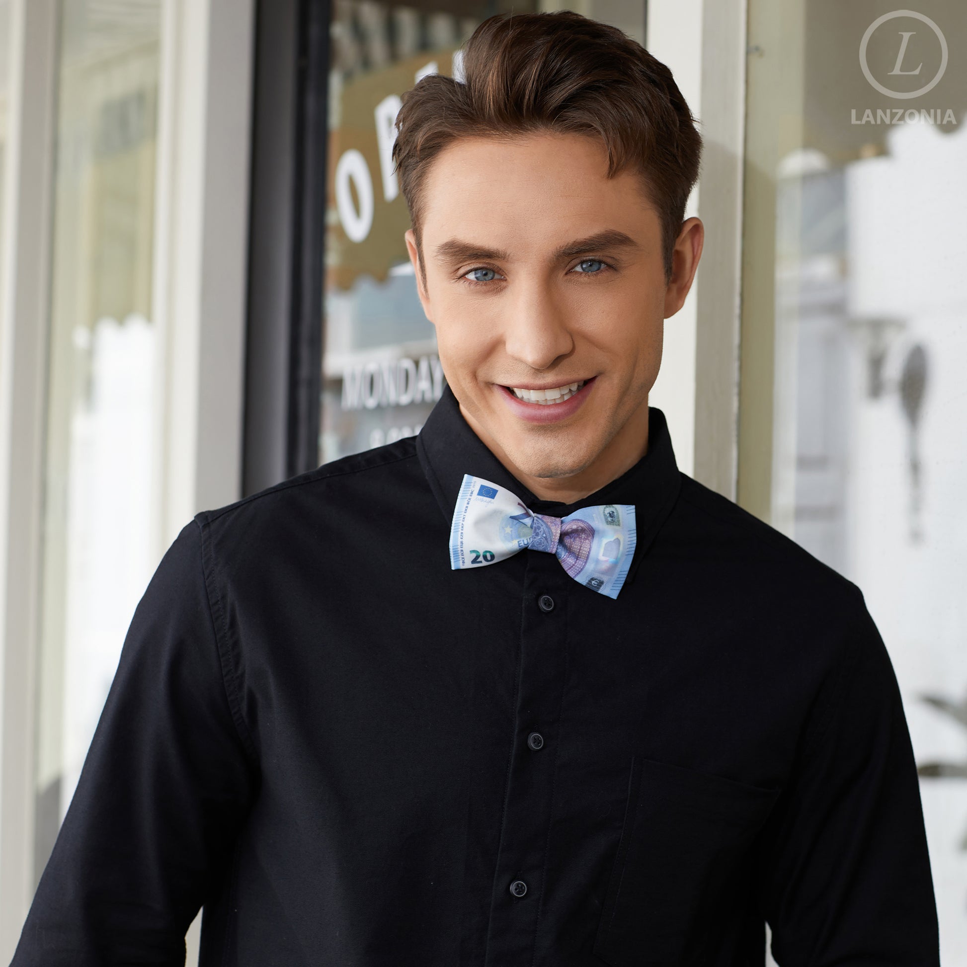 Lanzonia Men's Novelty Money Bow Tie Funny 20 EUR Pattern Designer Bowtie for Holiday Party - Lanzonia