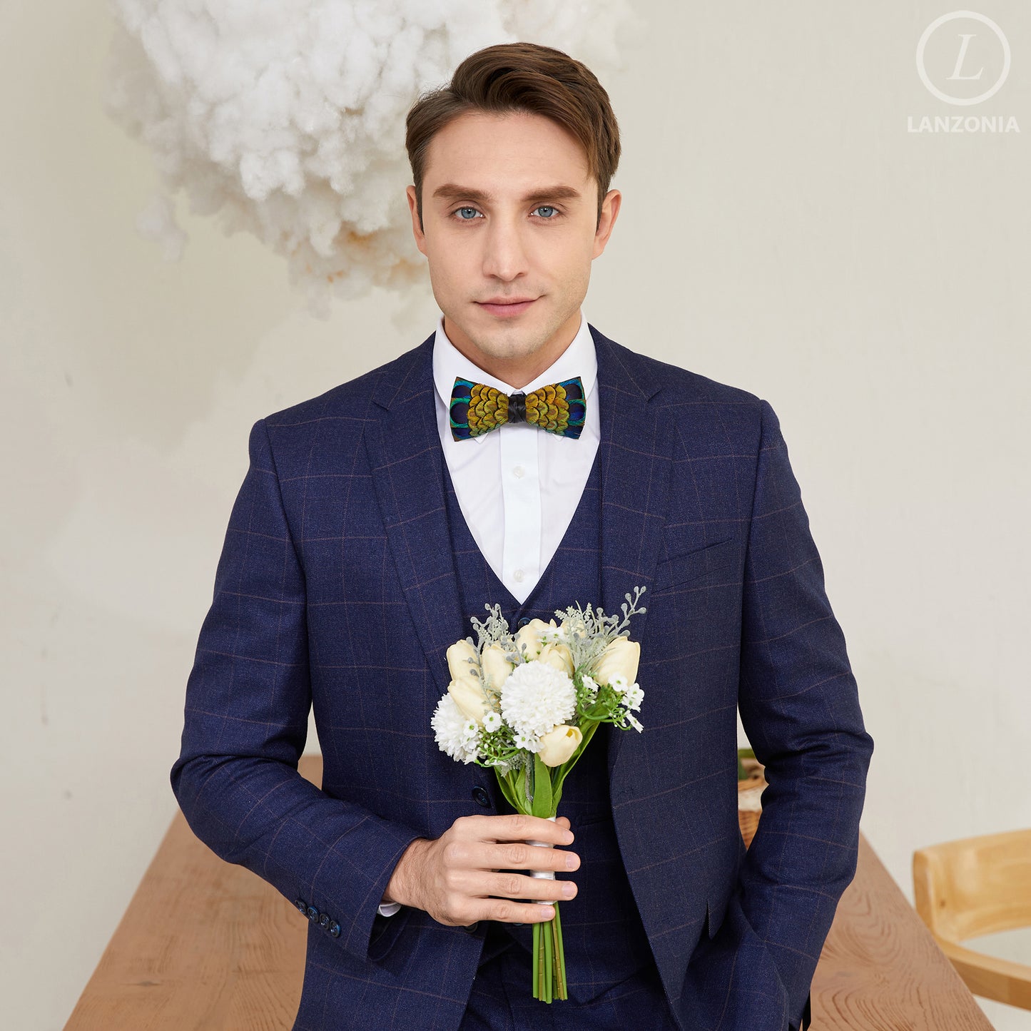 Lanzonia Men's Feather Bow Tie Handmade Peacock Bowtie for Wedding - Lanzonia
