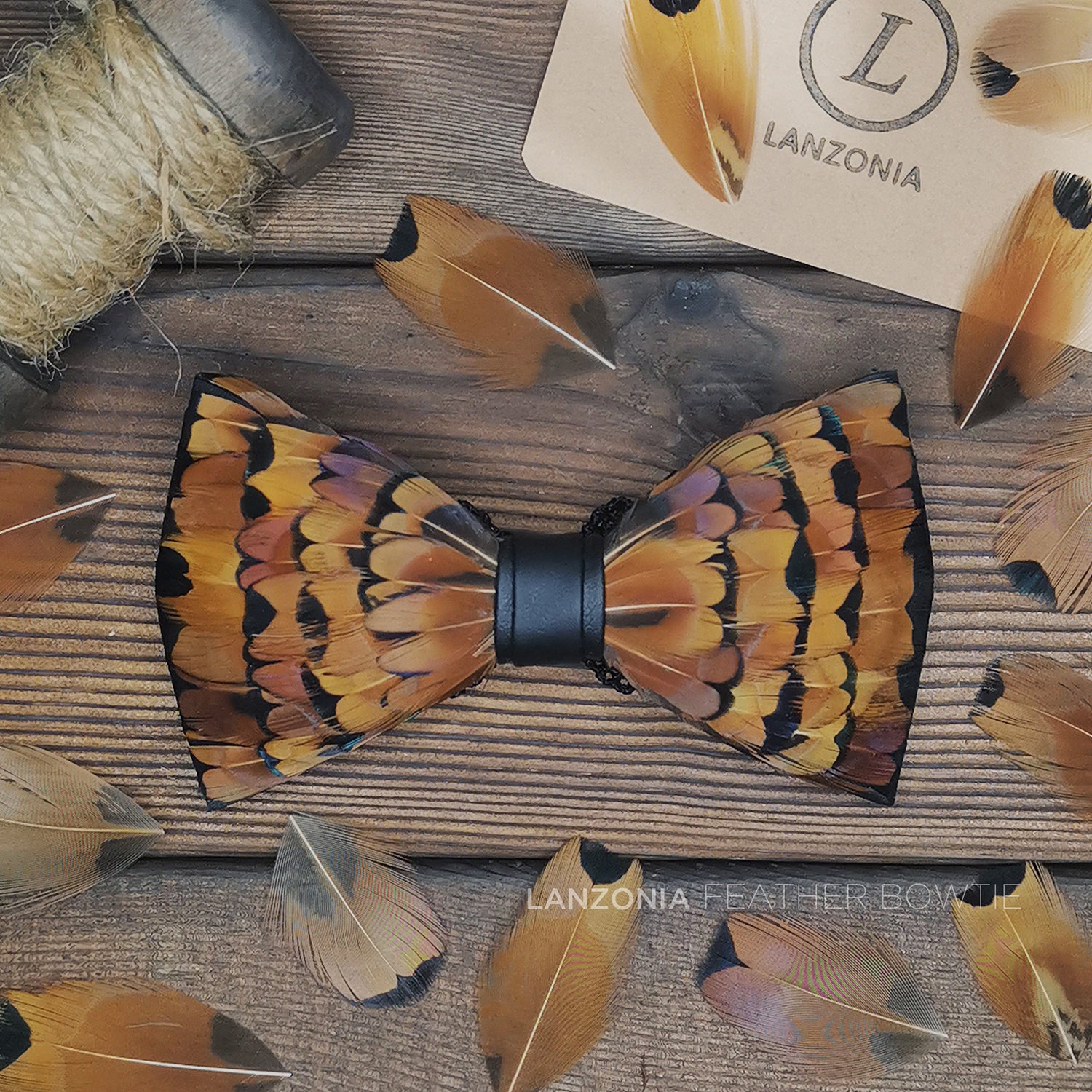Lanzonia Feather Bowtie Handmade Wedding Brown Mens Bow Tie for Wedding - Lanzonia