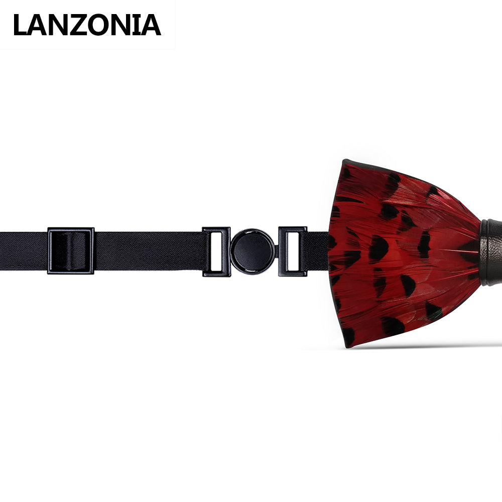 Lanzonia Mens Wedding Wine Red Feather Hnadmade Bow Tie - Lanzonia