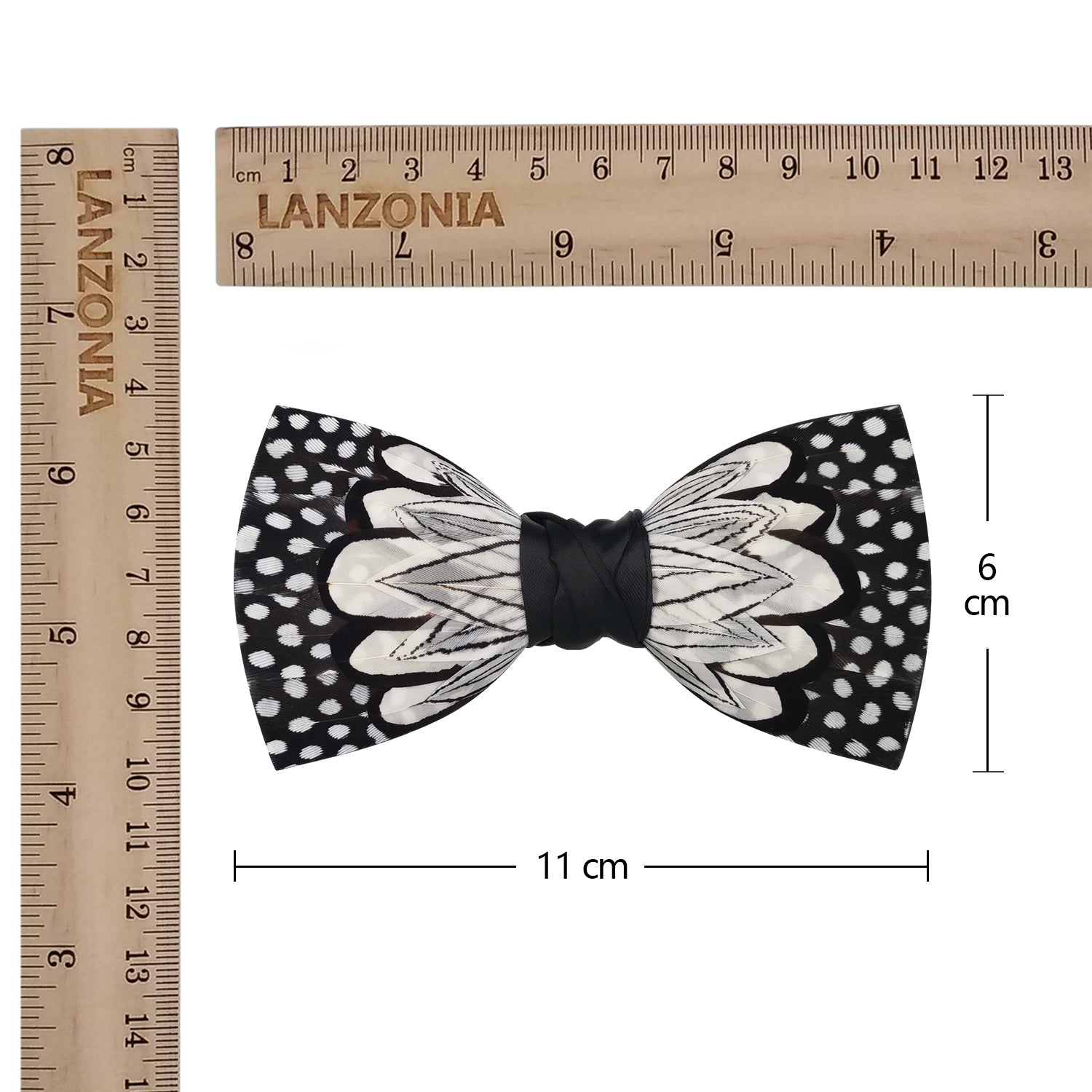 Lanzonia Men's Feather Bow Tie Handmade White and Black Polka Dot Bowtie for Wedding Holiday - Lanzonia