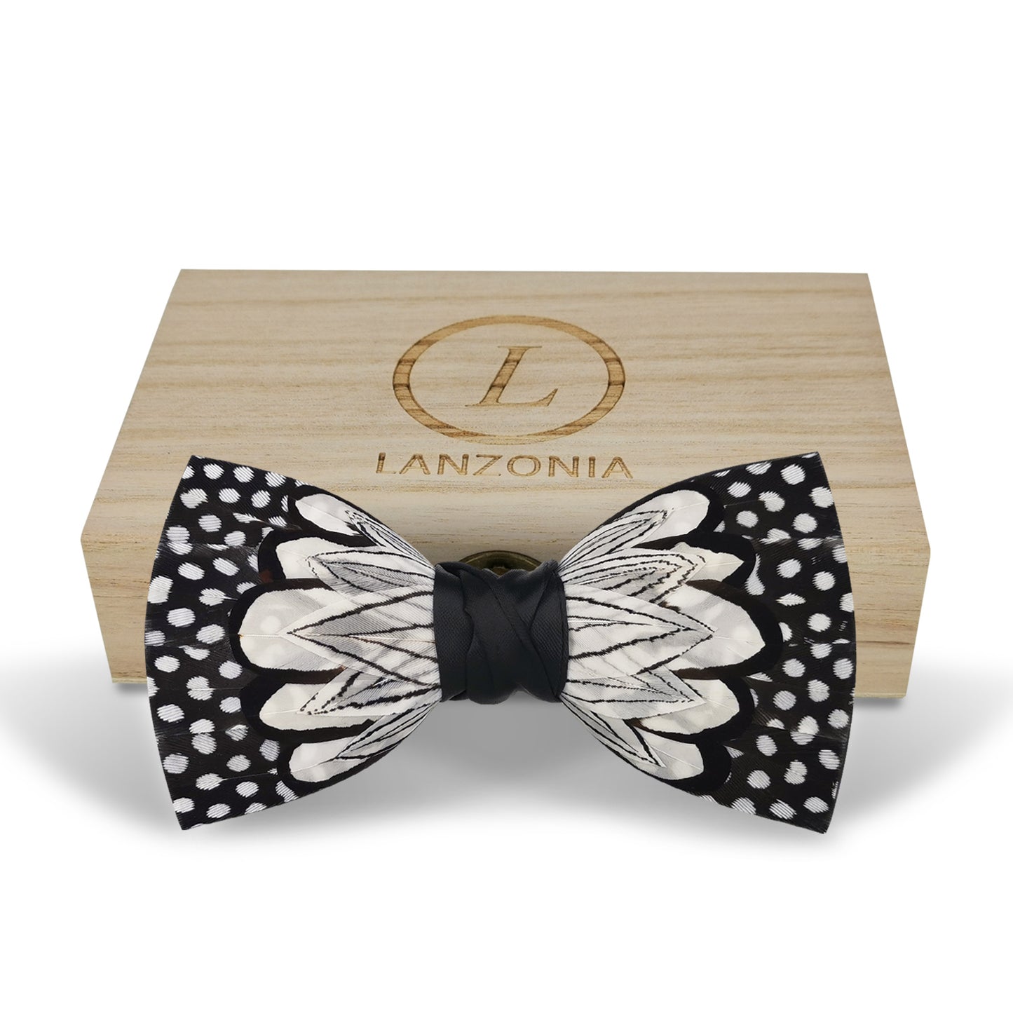 Lanzonia Men's Feather Bow Tie Handmade White and Black Polka Dot Bowtie for Wedding Holiday - Lanzonia
