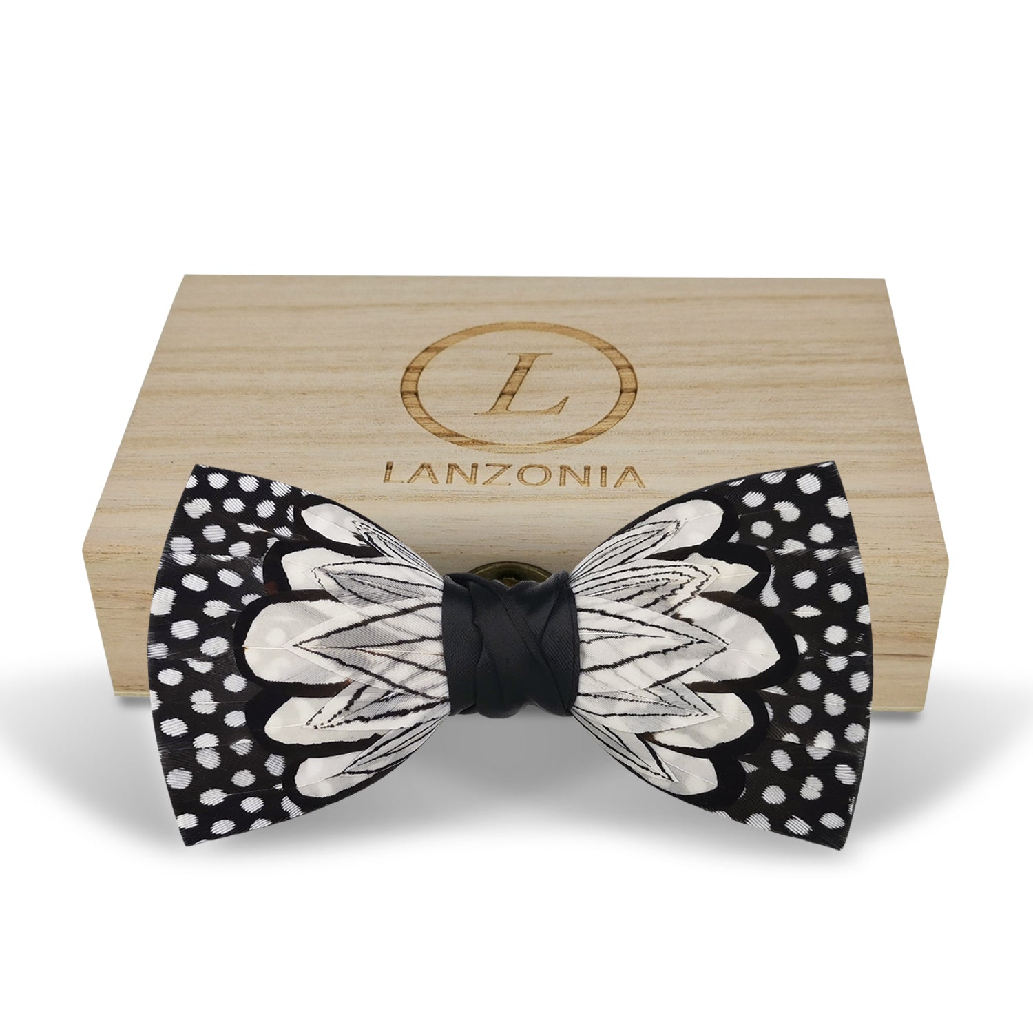 Lanzonia Men's Feather Bow Tie Handmade White and Black Polka Dot Bowtie for Wedding Holiday - Lanzonia