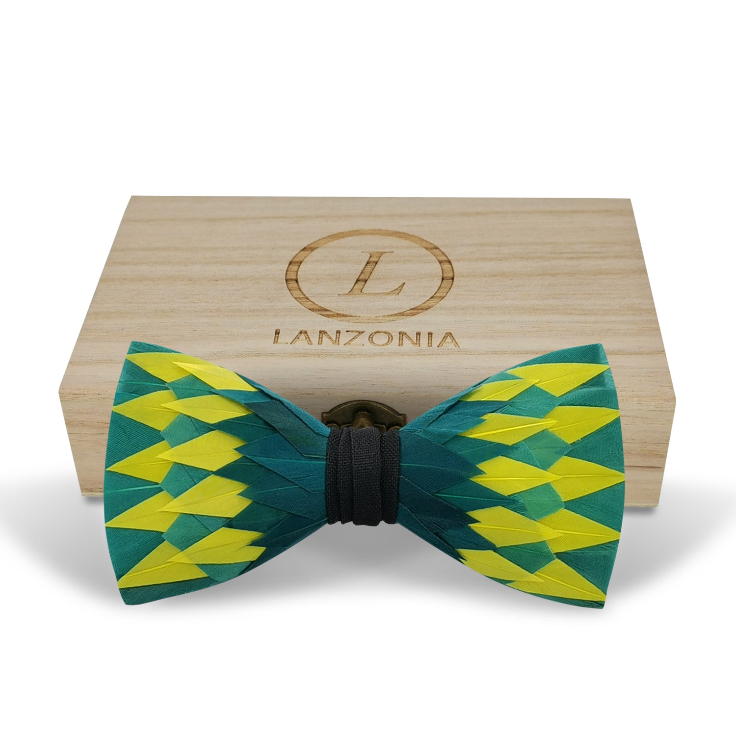 Lanzonia Feather Men's Bowtie Handmade Green and Yellow Bow Tie for Party Holiday Ball Wedding - Lanzonia