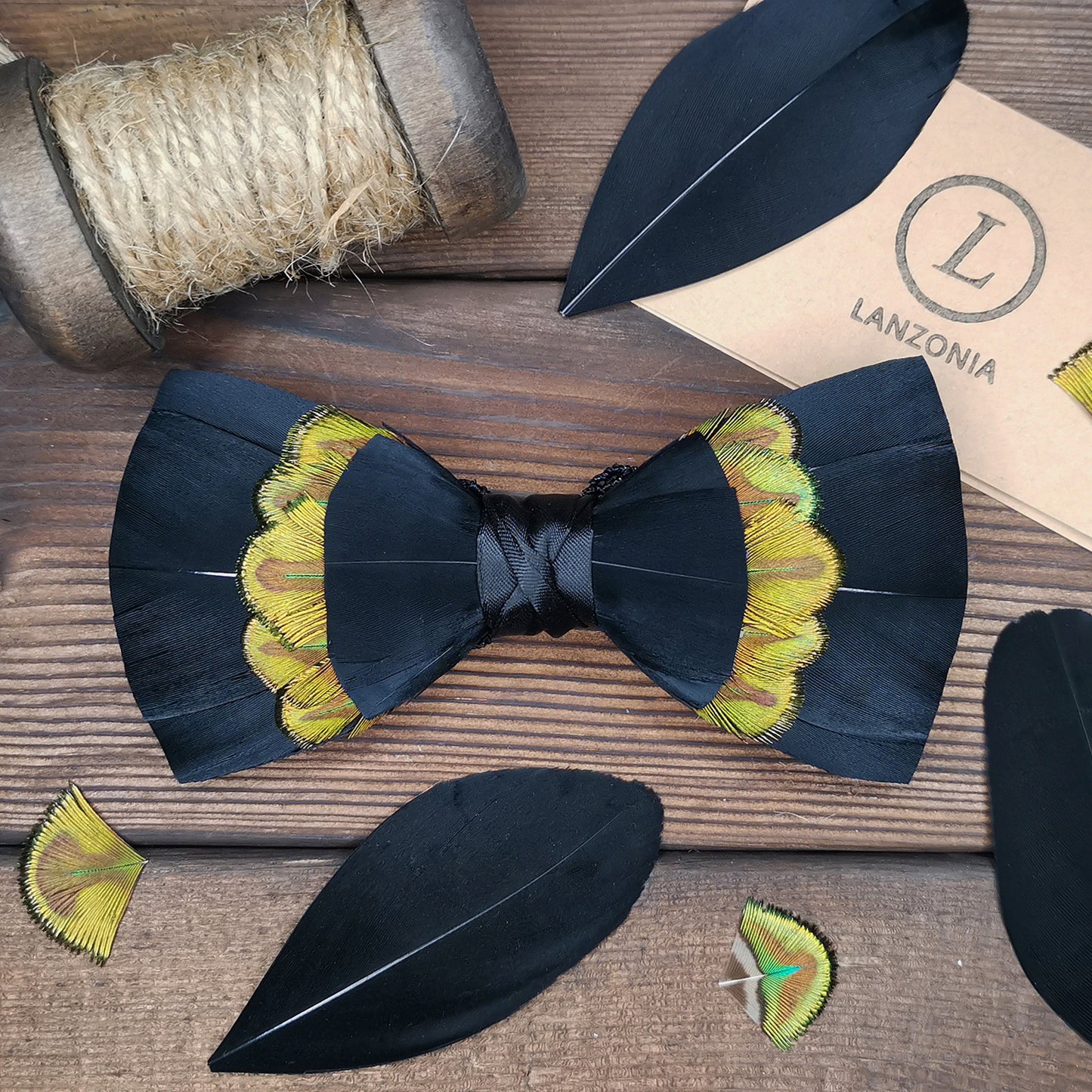 Lanzonia Men's Feather Bow Tie Handmade Black  Peacock Bowtie for Wedding Holiday - Lanzonia