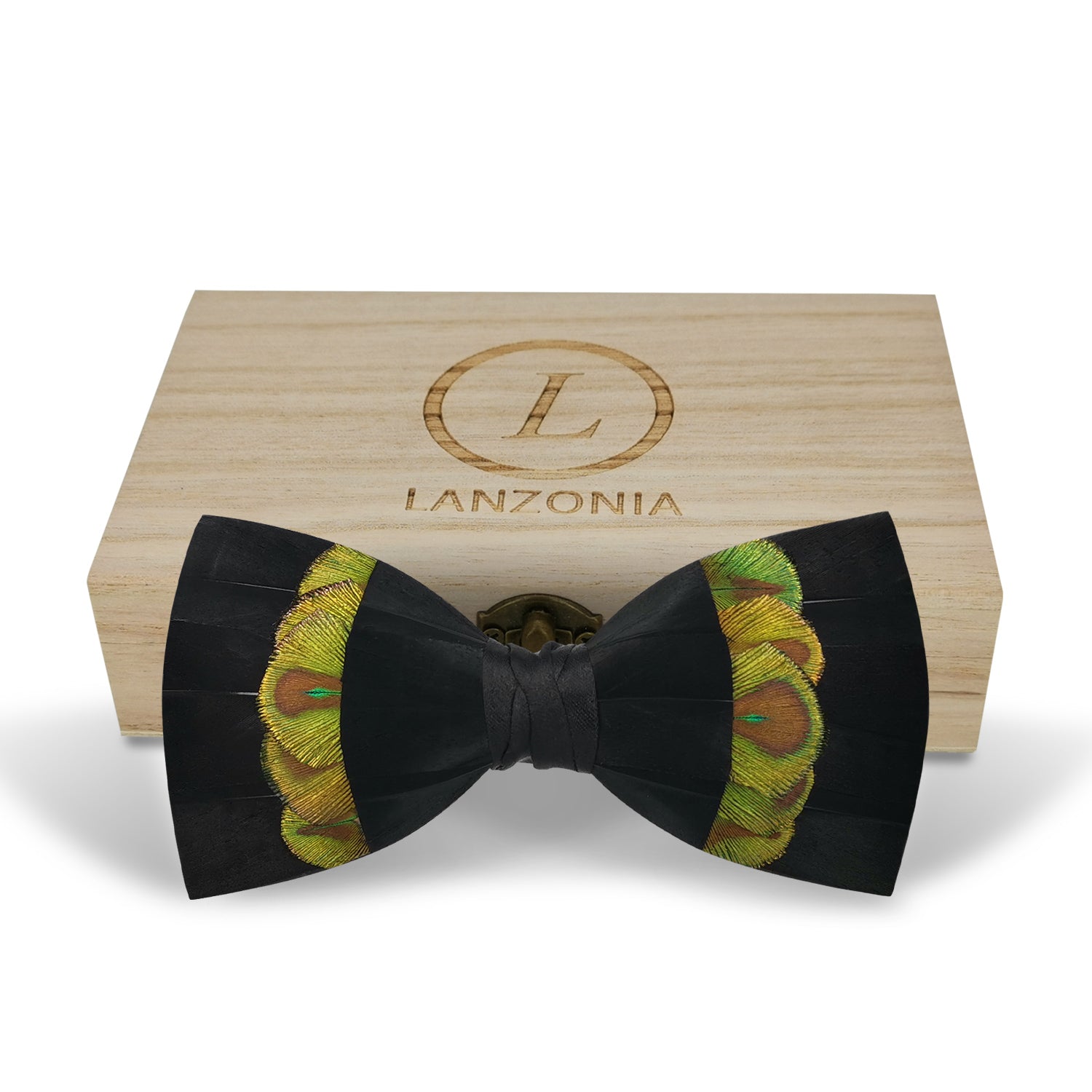 Lanzonia Men's Feather Bow Tie Handmade Black  Peacock Bowtie for Wedding Holiday - Lanzonia