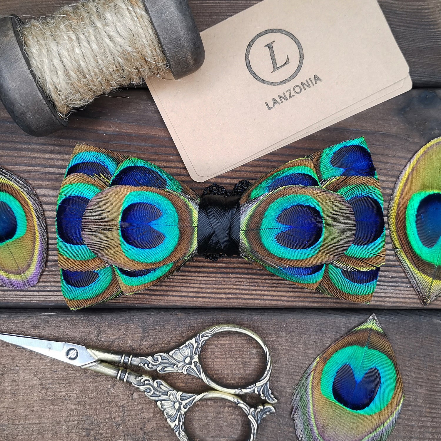 Lanzonia Men's Feather Bow Tie Handmade Peacock Bowtie for Wedding Holiday Party - Lanzonia