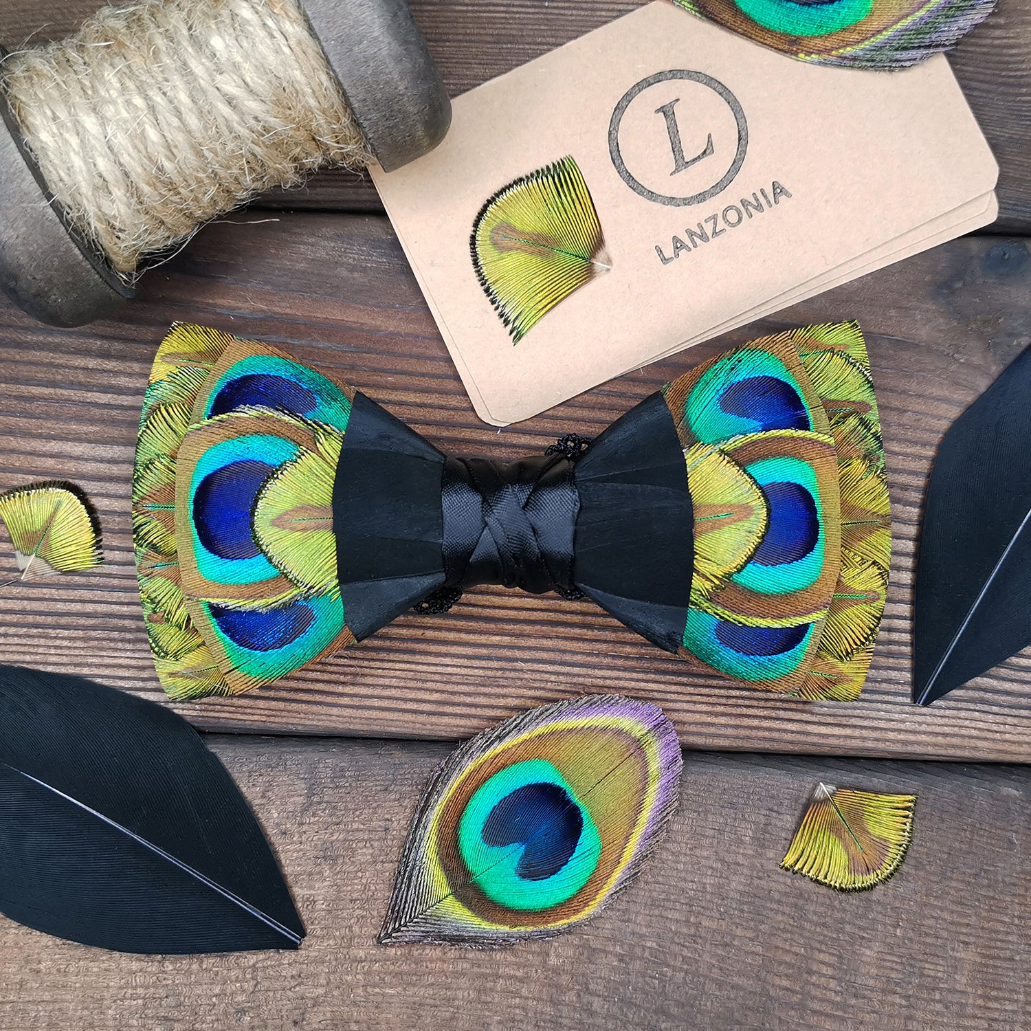 Lanzonia Mens Feather Bow Tie Handmade Peacock Bowtie for Wedding Holiday Party - Lanzonia