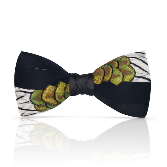 Lanzonia Men's Black and White Feather Bow Tie Handmade Peacock Bowtie for Wedding Holiday Party - Lanzonia