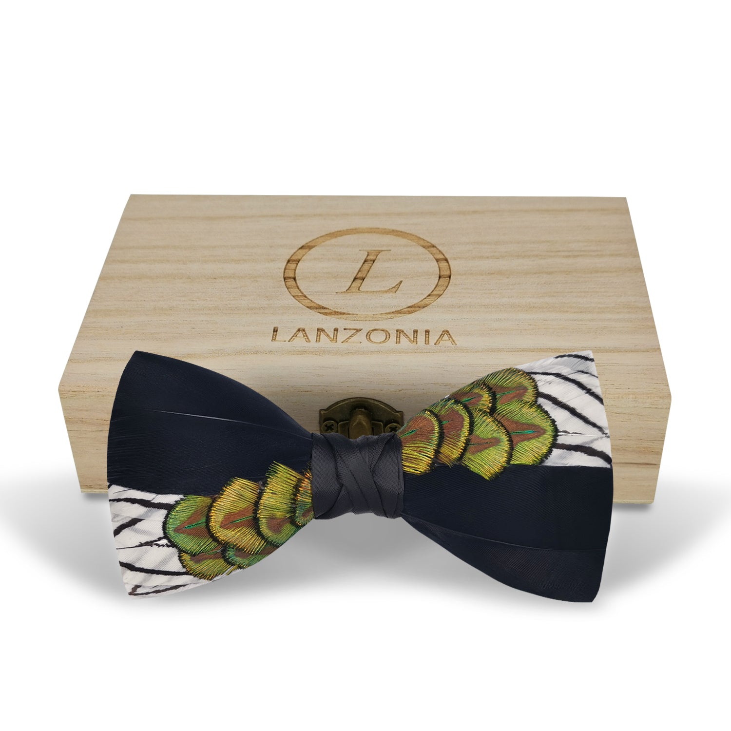Lanzonia Men's Black and White Feather Bow Tie Handmade Peacock Bowtie for Wedding Holiday Party - Lanzonia