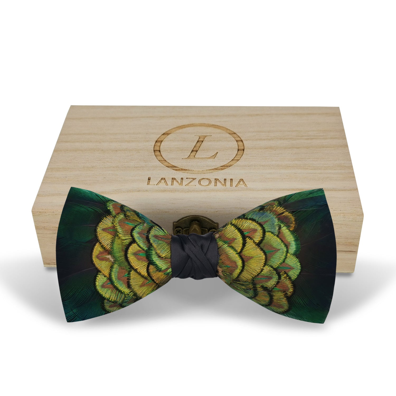 Lanzonia Men's Feather Bow Tie Dark Green Handmade Peacock Bowtie for Wedding Holiday Party - Lanzonia
