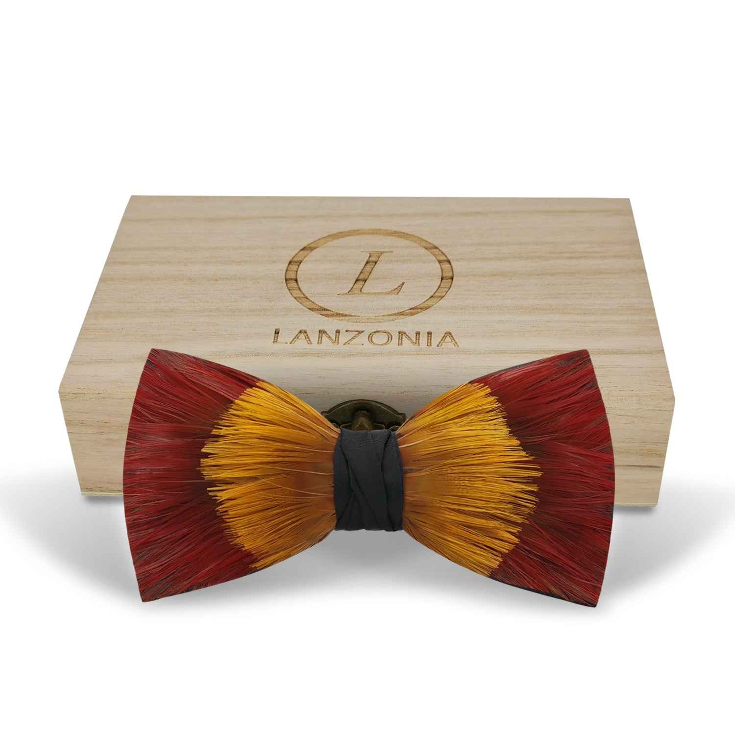 Lanzonia Feather Bow Ties for Men Handmade Red and Yellow Bowtie for Wedding Dating - Lanzonia