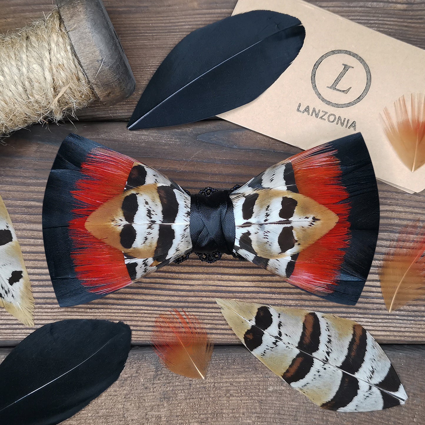 Lanzonia Men Feather Bow Tie Handmade Bowtie for Wedding Holiday Party - Lanzonia
