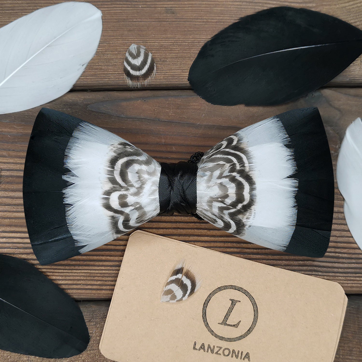 Lanzonia Men's Feather Bow Tie Handmade Black and White Bowtie for Wedding Holiday - Lanzonia