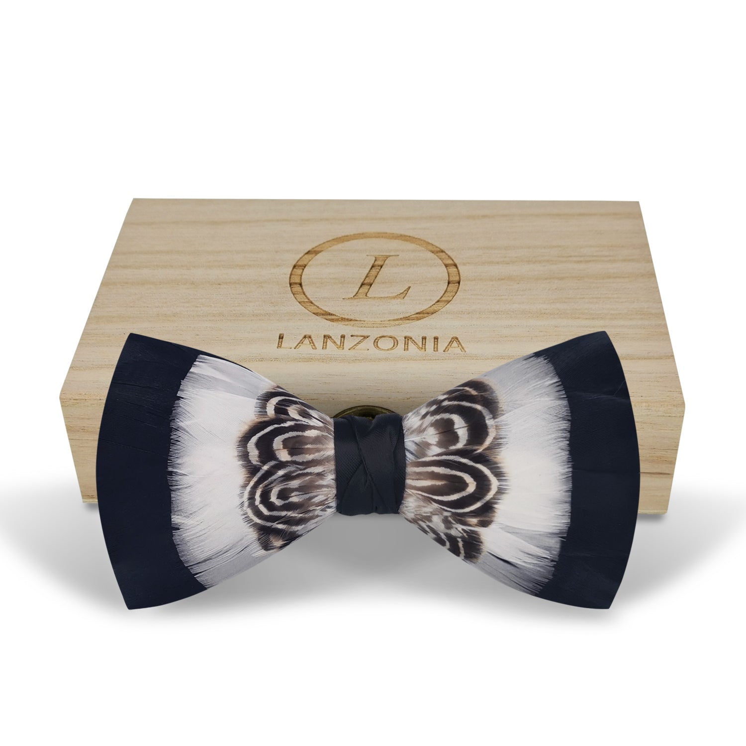 Lanzonia Men's Feather Bow Tie Handmade Black and White Bowtie for Wedding Holiday - Lanzonia