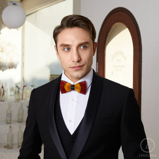 Lanzonia Feather Bow Ties for Men Handmade Red and Yellow Bowtie for Wedding Dating - Lanzonia
