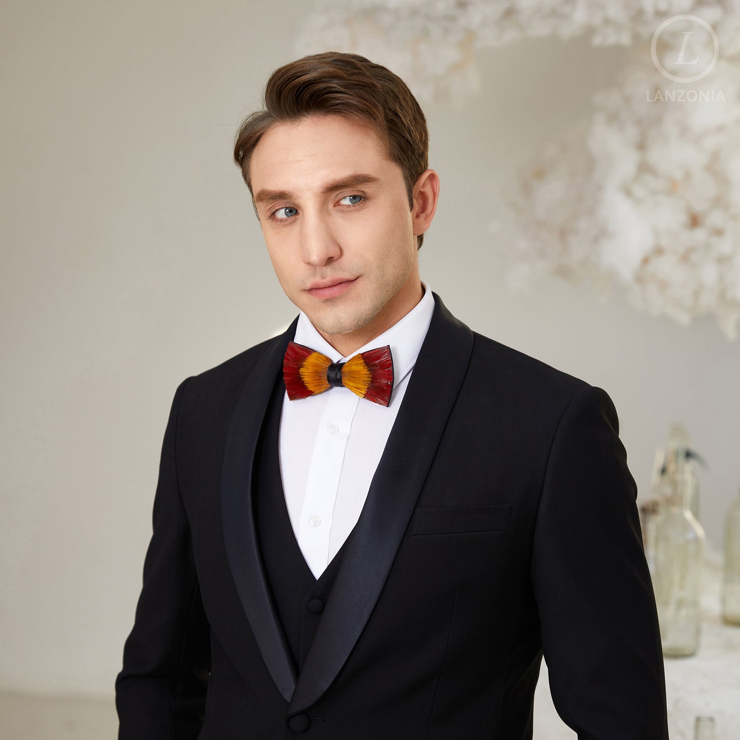 Lanzonia Feather Bow Ties for Men Handmade Red and Yellow Bowtie for Wedding Dating - Lanzonia