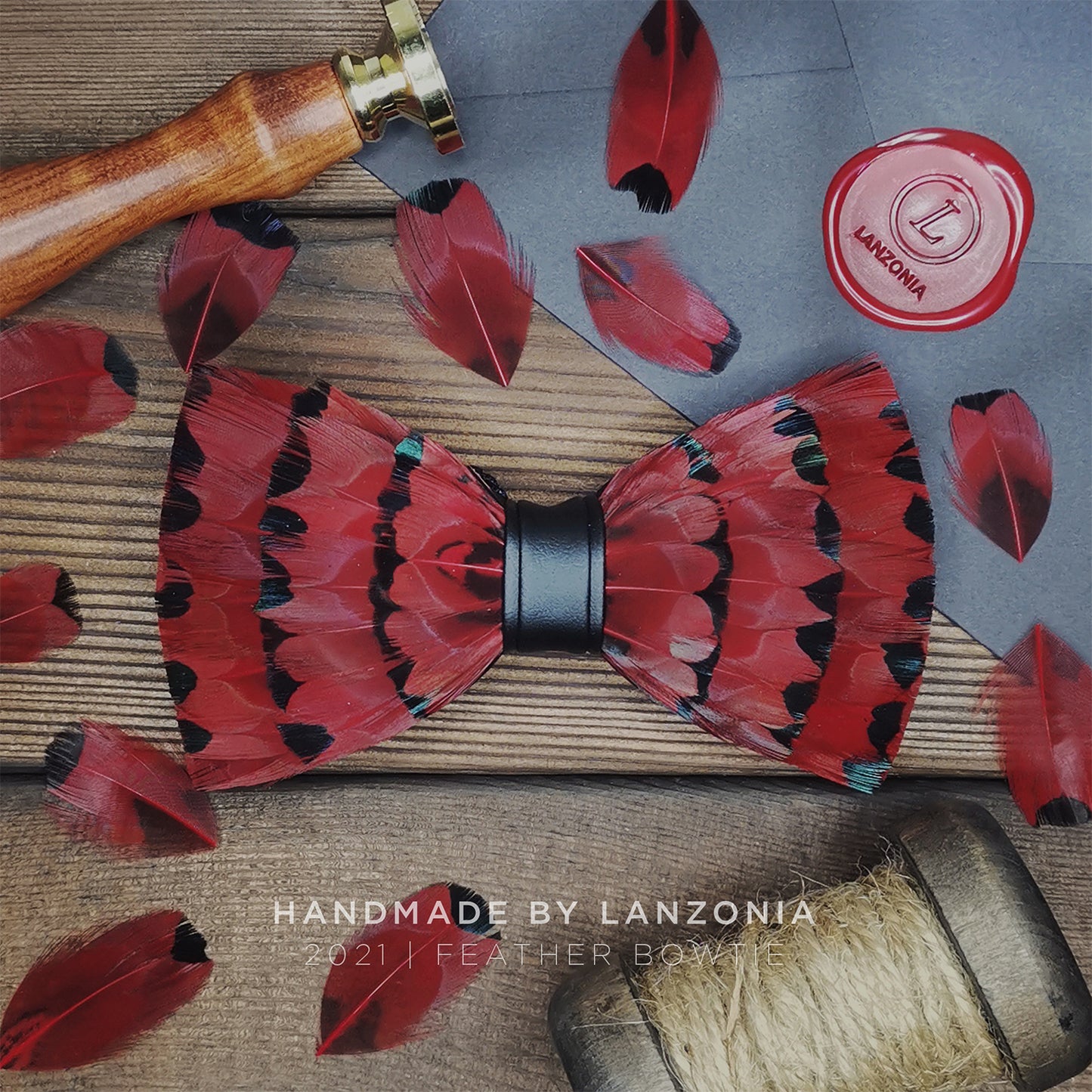 Lanzonia Mens Wedding Wine Red Bowtie Feather Hnadmade Bow Tie - Lanzonia